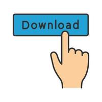 Download button click color icon. Data receiving. Hand pressing button. Download app. Isolated vector illustration