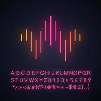 Dj sound wave neon light icon. Soundtrack playing abstract form. Song, melody track soundwave. Audio geometric waveform. Glowing sign with alphabet, numbers and symbols. Vector isolated illustration