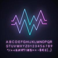 Heart beat neon light icon. Sound and audio wave. Heart rhythm, pulse. Digital soundwave. Soundtrack playing amplitude. Glowing sign with alphabet, numbers and symbols. Vector isolated illustration