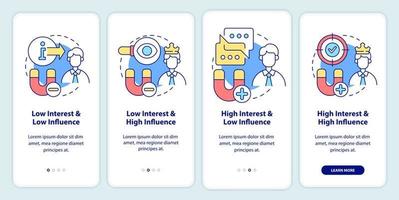 Stakeholder mapping onboarding mobile app screen. Visual analysis walkthrough 4 steps graphic instructions pages with linear concepts. UI, UX, GUI template. vector