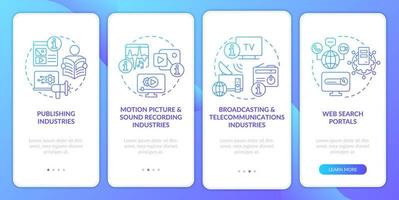 Information industry segments blue gradient onboarding mobile app screen. Walkthrough 4 steps graphic instructions pages with linear concepts. UI, UX, GUI template. vector