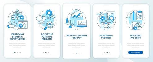 Business analyst responsibilities blue onboarding mobile app screen. Walkthrough 5 steps graphic instructions pages with linear concepts. UI, UX, GUI template. vector