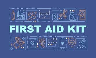 First aid kit word concepts dark blue banner. Emergency medical help. Infographics with icons on color background. Isolated typography. Vector illustration with text.