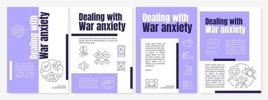 Coping with war anxiety purple brochure template. Stress reducing. Leaflet design with linear icons. 4 vector layouts for presentation, annual reports.