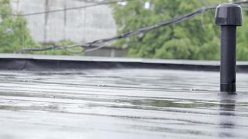 gotas de chuva batem no telhado, chuva forte, aguaceiro. o telhado plano do edifício é coberto com um material impermeável que protege da chuva. ruberoide, telhas laminadas e material impermeabilizante. video