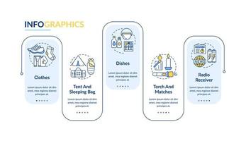 Things to put in surviving backpack rectangle infographic template. Data visualization with 5 steps. Process timeline info chart. Workflow layout with line icons. vector