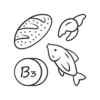 Vitamin B3 linear icon. Bread, fish and seafood. Healthy eating. Nicotinic acid. Vitamin PP, niacin food source. Thin line illustration. Contour symbol. Vector isolated drawing. Editable stroke
