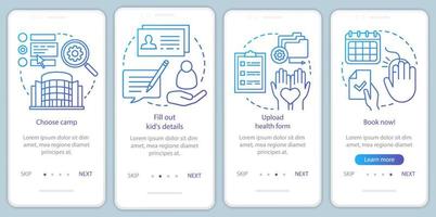plantilla de vector de pantalla de página de aplicación móvil de incorporación de reserva de campamento. reserva de vacaciones de vacaciones para niños. paso a paso del sitio web con ilustraciones lineales. ux, ui, concepto de interfaz de teléfono inteligente gui
