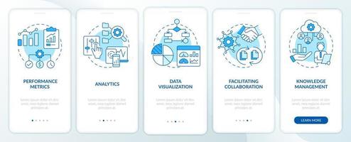 Business intelligence functions blue onboarding mobile app screen. Walkthrough 5 steps graphic instructions pages with linear concepts. UI, UX, GUI template. vector