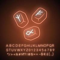 Rune stones neon light icon. Scandinavian, nordic runestones. Viking alphabet stones with runic inscription. Rune reading, fortune telling. Glowing alphabet, numbers. Vector isolated illustration