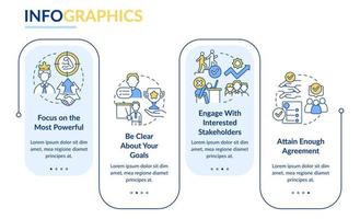 Stakeholders engagement blue rectangle infographic template. Data visualization with 4 steps. Process timeline info chart. Workflow layout with line icons. vector