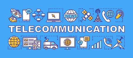 banner de conceptos de palabra de telecomunicaciones. servicio de comunicación global. sistema de telecomunicaciones. presentación, sitio web. idea de tipografía de letras aisladas con iconos lineales. ilustración de contorno vectorial vector