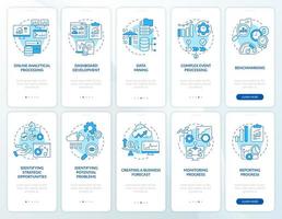 Business analysis and intelligence blue onboarding mobile app screen set. Walkthrough 5 steps graphic instructions pages with linear concepts. UI, UX, GUI template. vector
