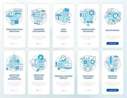 conjunto de pantalla de aplicación móvil de integración azul de inteligencia y análisis empresarial. tutorial 5 pasos páginas de instrucciones gráficas con conceptos lineales. interfaz de usuario, ux, plantilla de interfaz gráfica de usuario. vector