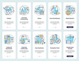 Pack emergency go bag onboarding mobile app screen set. Items to survive walkthrough 5 steps graphic instructions pages with linear concepts. UI, UX, GUI template. vector