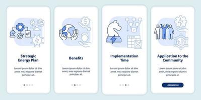 estrategia de energía de construcción pantalla de aplicación móvil de incorporación de luz azul. tutorial 4 pasos páginas de instrucciones gráficas con conceptos lineales. interfaz de usuario, ux, plantilla de interfaz gráfica de usuario. vector