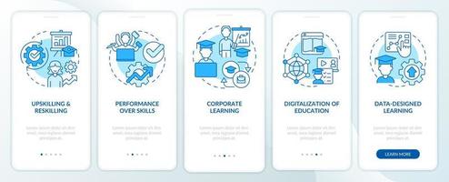 Habilidades de alta demanda en desarrollo Pantalla de aplicación móvil de incorporación azul. tutorial 5 pasos páginas de instrucciones gráficas con conceptos lineales. interfaz de usuario, ux, plantilla de interfaz gráfica de usuario. vector