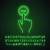 Turn on button click neon light icon. Power. Hand pressing button. Glowing sign with alphabet, numbers and symbols. Vector isolated illustration