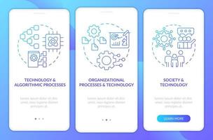 pantalla de la aplicación móvil de incorporación de degradado azul de sinergia de sistemas de información. tutorial 3 pasos páginas de instrucciones gráficas con conceptos lineales. interfaz de usuario, ux, plantilla de interfaz gráfica de usuario. vector