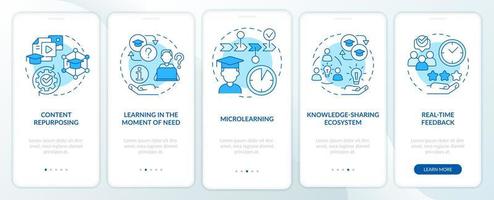 Top skills to learn blue onboarding mobile app screen. Microlearning walkthrough 5 steps graphic instructions pages with linear concepts. UI, UX, GUI template. vector