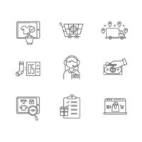 E commerce linear icons set. Online shopping. Searching, buying and ordering goods. Internet shop, online store app. Thin line contour symbols. Isolated vector outline illustrations. Editable stroke