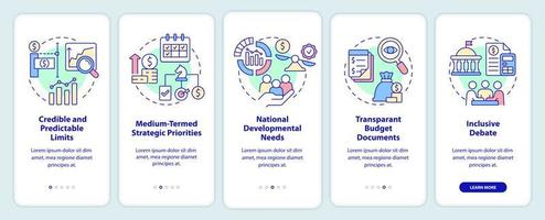 Principles of budget planning onboarding mobile app screen. Walkthrough 5 steps graphic instructions pages with linear concepts. UI, UX, GUI template. vector