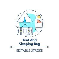 Tent and sleeping bag concept icon. Things to pack for evacuation. Emergency go bag abstract idea thin line illustration. Isolated outline drawing. Editable stroke. vector