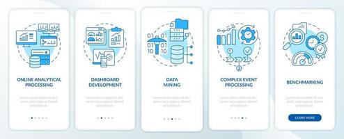 ejemplos de inteligencia de negocios pantalla de aplicación móvil de incorporación azul. tutorial 5 pasos páginas de instrucciones gráficas con conceptos lineales. interfaz de usuario, ux, plantilla de interfaz gráfica de usuario. vector