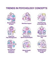 Tendencias en el conjunto de iconos de concepto de psicología. innovaciones en la salud mental que mejoran las ilustraciones en color de líneas finas de ideas. símbolos aislados. trazo editable. vector