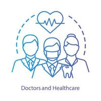 Healthcare, therapists concept icon. Medical workers, cardiologists, dentists in uniform idea thin line illustration. Health monitoring, control. Vector isolated outline drawing. Editable stroke