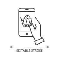 Online shop linear icon. Hand holding smartphone. Online shopping, e commerce. Digital technology. Thin line illustration. Contour symbol. Vector isolated outline drawing. Editable stroke