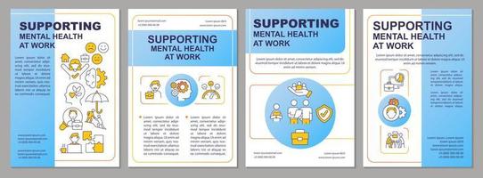 Mental health care at workplace blue brochure template. Keep balance. Leaflet design with linear icons. 4 vector layouts for presentation, annual reports.