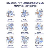 Stakeholder management and analysis concept icons set. Identify interests idea thin line color illustrations. Isolated symbols. Editable stroke. vector