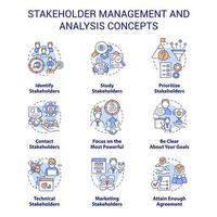 Stakeholder management and analysis concept icons set. Identify interests idea thin line color illustrations. Isolated symbols. Editable stroke. vector