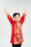 Cute Asian child is surprise and so happy about it in ao dai on white background isolated photo