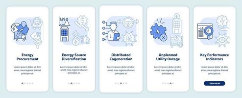 Efficient energy management blue light onboarding mobile app screen. Walkthrough 5 steps graphic instructions pages with linear concepts. UI, UX, GUI template. vector