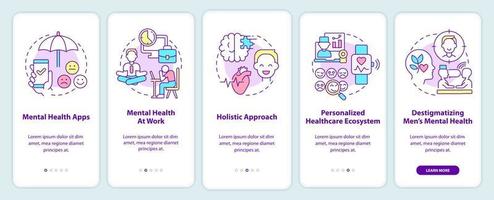 Tendencias de mejora de la salud mental al incorporar la pantalla de la aplicación móvil. tutorial de terapia 5 pasos páginas de instrucciones gráficas con conceptos lineales. interfaz de usuario, ux, plantilla de interfaz gráfica de usuario. vector