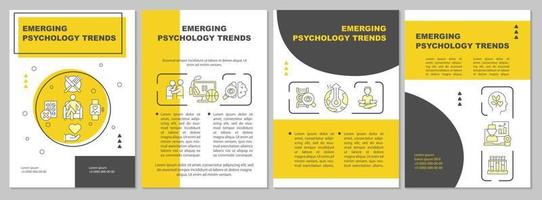 plantilla de folleto amarillo de tendencias de psicología emergente. salud mental. diseño de folletos con iconos lineales. 4 diseños vectoriales para presentación, informes anuales. vector