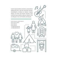 plantilla de vector de página de artículo de campamento de familia, niños y padres. folleto, revista, elemento de diseño de folleto con iconos lineales y cuadros de texto. diseño de impresión. ilustraciones conceptuales con espacio de texto