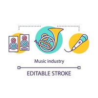 Music industry concept icon. Record company. Organization of concerts. Speakers, trumpet, microphone. Production center idea thin line illustration. Vector isolated outline drawing. Editable stroke