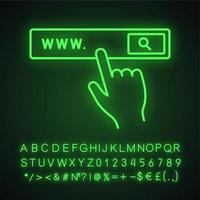 Search bar button neon light icon. Internet surfing. Internet browser. Hand pressing find button. Glowing sign with alphabet, numbers and symbols. Vector isolated illustration