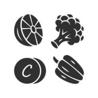 Vitamin C glyph icon. Lemon, broccoli and bell pepper. Healthy eating. Ascorbic acid natural food source. Minerals, antioxidants. Silhouette symbol. Negative space. Vector isolated illustration