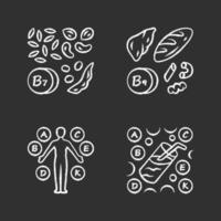 Vitamins chalk icons set. B1, B9 natural food source. Vitamin complex, cocktail. Nuts, flour products. Proper nutrition. Healthcare. Minerals, antioxidants. Isolated vector chalkboard illustrations