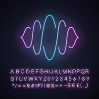 Abstract soundwave neon light icon. Sound, audio wave curves. Voice recording, noise level. Music rhythm, volume waveform. Glowing sign with alphabet, numbers and symbols. Vector isolated illustration