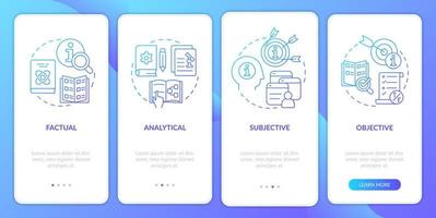 Information kinds blue gradient onboarding mobile app screen. Walkthrough 4 steps graphic instructions pages with linear concepts. UI, UX, GUI template. vector