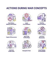 Action during war concept icons set. How to stay safe and survive. Tips for civilians idea thin line color illustrations. Isolated symbols. Editable stroke. vector