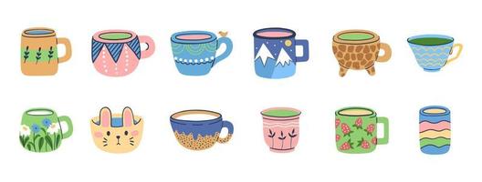 Set of various cups with tea or coffee. Handmade ceramic with hand drawn patterns on cup and mug. Colored trendy vector illustration.