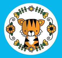 Pequeño tigre en la ilustración de vector de corona de flores