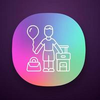 Immigrant child app icon. Kid travel abroad. Holiday, tourism. Traveler with air balloon, carry on handbag and suitcase. UI UX user interface. Web or mobile application. Vector isolated illustration