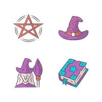 Magic color icons set. Pentagram, wizard hat, witch, spell book. Witchcraft, occult ritual items. Mystery objects. Isolated vector illustrations